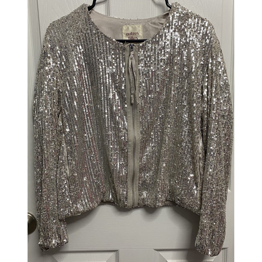 Autres Filles Women Silver Sequin Zip Bomber Jacket Holiday Party Blazer L-NWT
